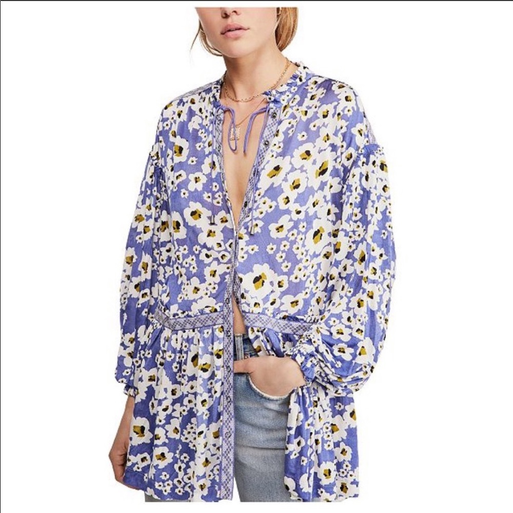 Free People Love Letter Tunic Blue Top
